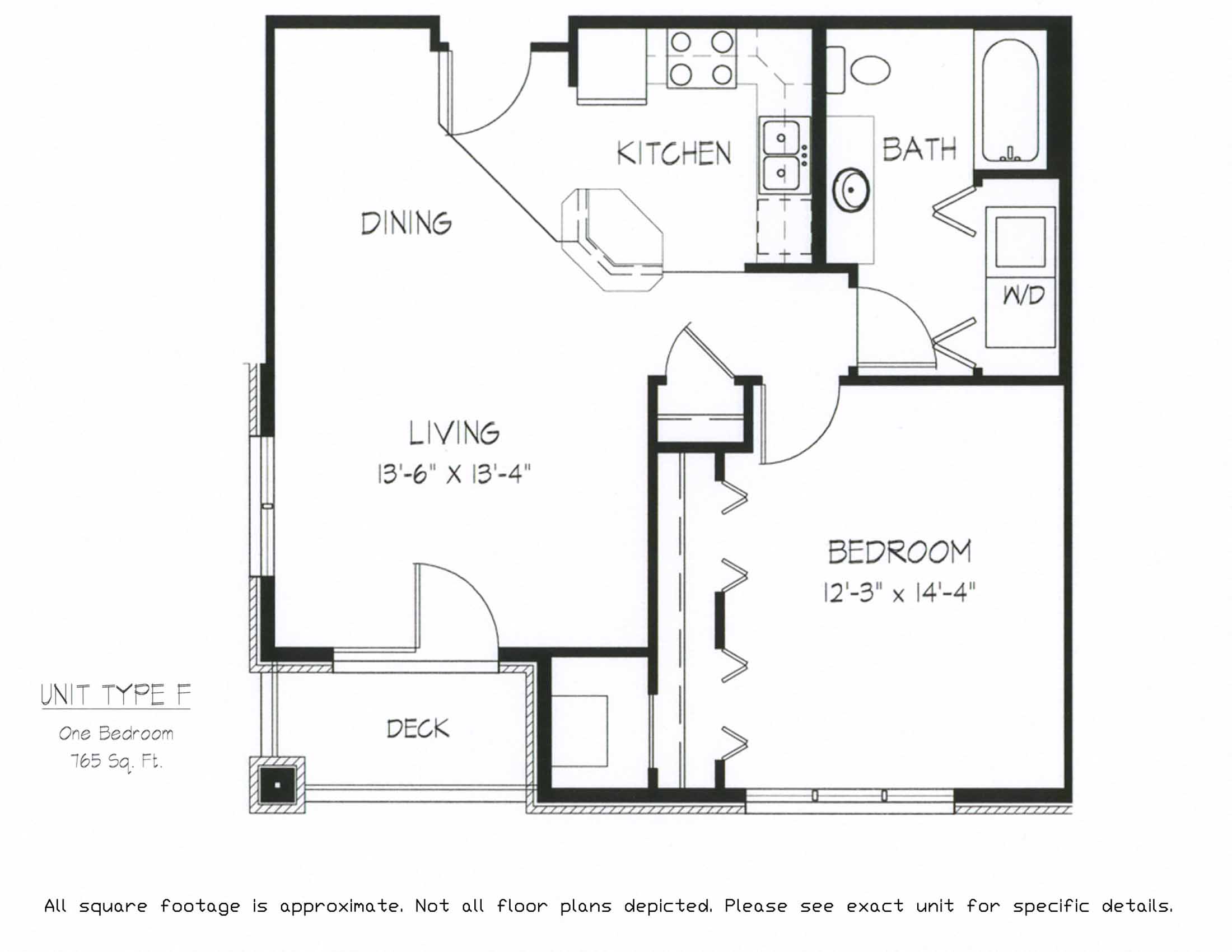 Floor plan for 1 bed, 1 bath, 765 sqft